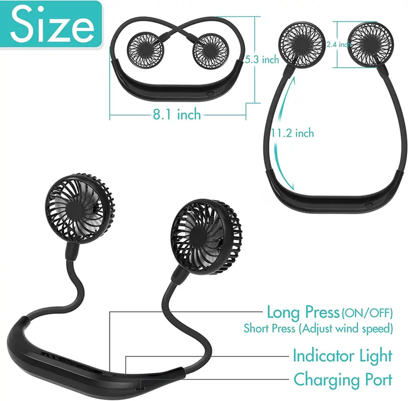 2600Mah Battery Operated USB Rechargeable Neck Fan 360° Adjustable High Flexibility Wearable Personal Travel Fan Mobile